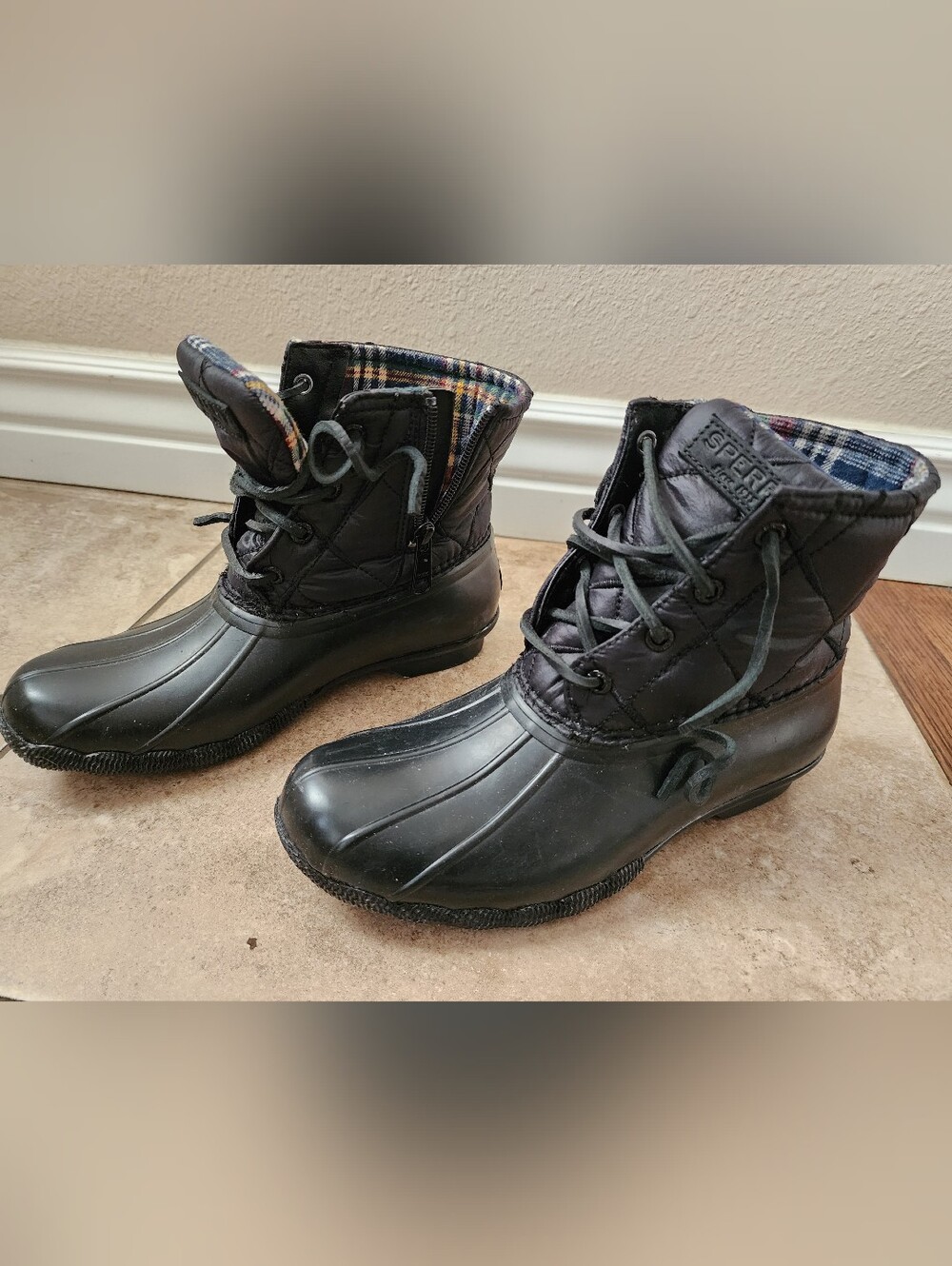 Sperry Women's Black Quilted Duck Boots - Plaid Lined